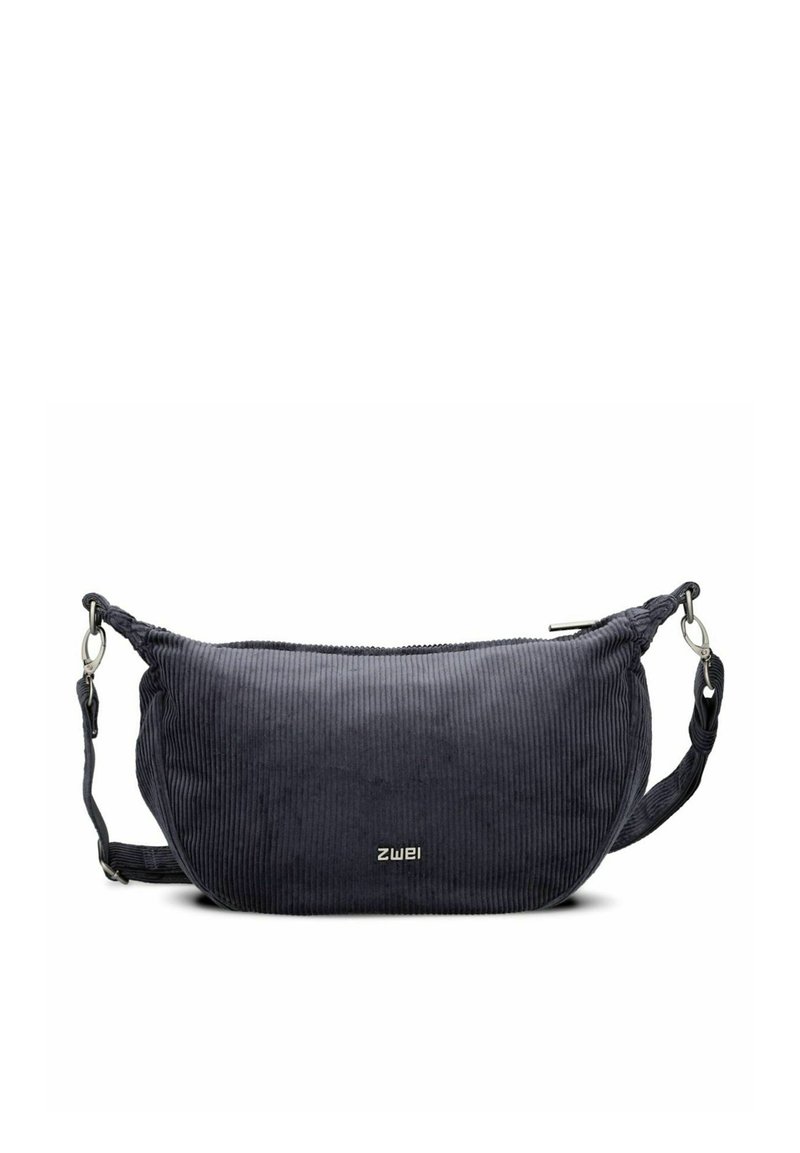 Dunkelgraue Cordtasche mit runder Form, Reißverschlussverschluss, verstellbarem Tragegurt und metallic Hardware. Eingraviertes Logo auf der Vorderseite.