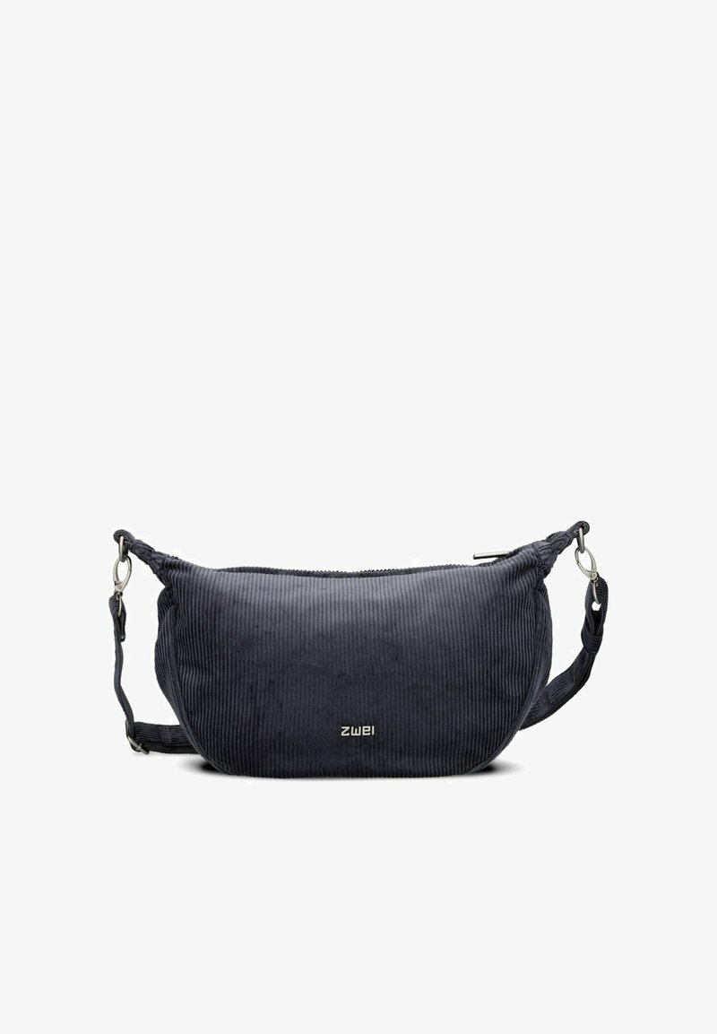 Borsa in corduroy grigio scuro con forma arrotondata, chiusura con zip, tracolla regolabile e accessori metallici. Logo inciso sul fronte.