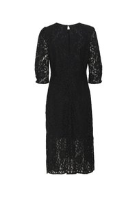 Black lace dress with three-quarter sleeves, floral pattern, round neck, and back zipper closure. Mid-length with sheer texture.