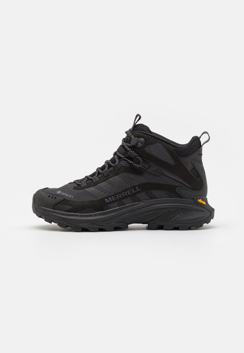 Merrell hiking boot in black. Features synthetic upper, padded collar, and Vibram outsole. Mesh panels for breathability, lace-up design.