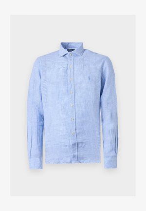 Φωτεινό γαλάζιο πουκάμισο με μακριά μανίκια, με λεπτό καρό σχέδιο, κλασικό γιακά και διακριτικό κεντημένο λογότυπο στο αριστερό στήθος.