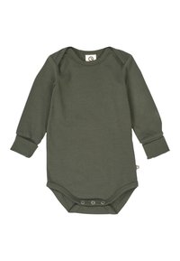 Oliwkowy bodysuit z długim rękawem wykonany z miękkiego materiału. Posiada zapięcia na zatrzaski na dole oraz okrągły dekolt z metką po boku.