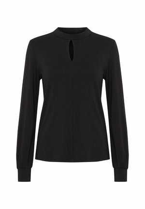 Schwarze Bluse mit langen Ärmeln und hohem Kragen, die an der Vorderseite mit einem Schlüsselspalt und gerafften Bündchen ausgestattet ist. Glatte Stoffoberfläche.