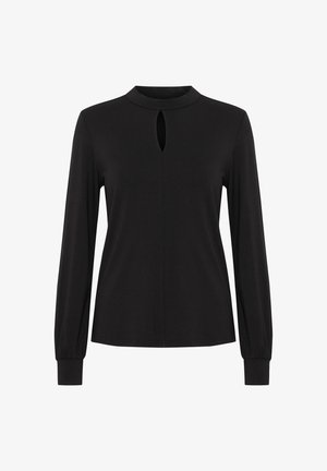 Črna bluzica z dolgimi rokavi in visokim ovratnikom, ki ima spredaj izrez v obliki ključavnice in gathered zapestnice. Gladka tekstura tkanine.