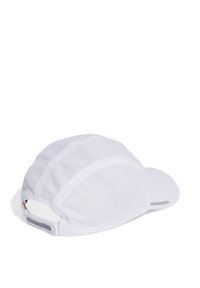 White cap with a breathable mesh material, curved brim, and a reflective accent on the back. Features an adjustable strap for fit.