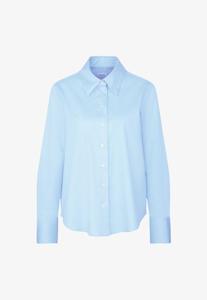 Lichtblauw overhemd met lange mouwen, gemaakt van een gladde stof, met een puntige kraag, zeven knopen en een afgeronde zoom.