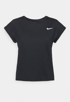 T-shirt de sport noir à manches courtes, avec un col rond et un petit logo blanc Nike sur la partie supérieure gauche de la poitrine.