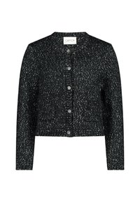 Mustavalkoinen pilkullinen neulecardigan, jossa on pyöreä kaulus, etuvetoketju ja kaksi etutaskua. Tavallinen hihojen pituus.