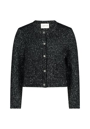 Cardigan tricoté noir et blanc à motifs, avec un col rond, une fermeture à boutons sur le devant et deux poches avant. Manches de longueur régulière.