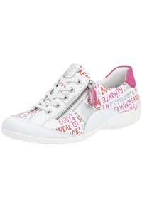 White sneaker with pink accents, featuring a textured design with multicolored lettering, metallic zipper, and cushioned rubber sole.
