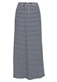 Randig maxikjol i marinblått och vitt, tillverkad av mjukt material, med elastisk midja och snörning för justerbar passform.