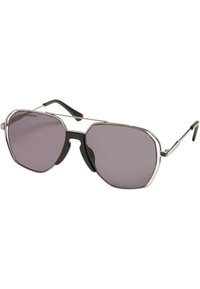 Metallic silver oversized sunglasses with gray lenses, octagonal shape, black accents on the nose bridge and temple arms.