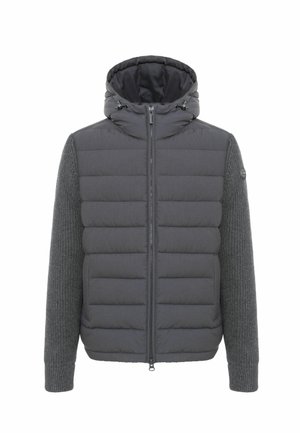 Veste à capuche gris foncé avec devant matelassé et manches tricotées, dotée d'une fermeture éclair avant et de cordons de capuche réglables.