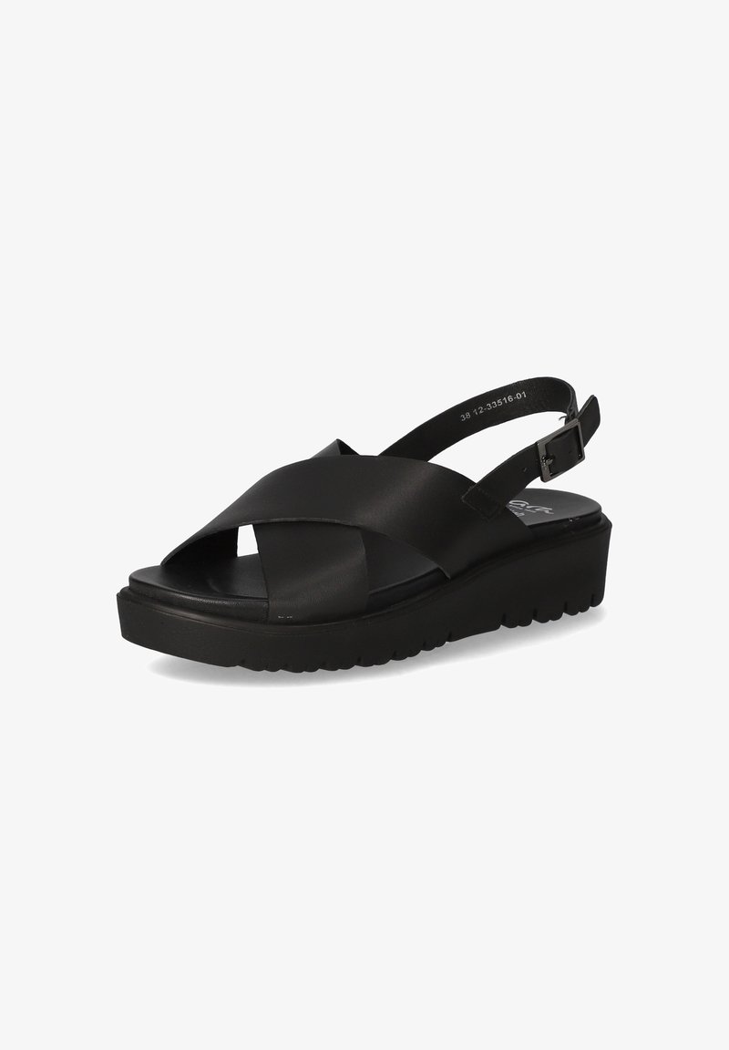 Black cross-strap sandals with a textured finish and an adjustable ankle strap. Thick platform sole with tread for grip.