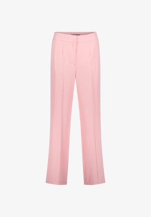 Lichtroze broek met wijde pijpen, gemaakt van gladde stof. Voorzien van een platte voorkant met twee plooien en een klassieke tailleband.