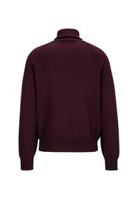 Burgunderfarbener Pullover mit hohem Kragen, gerippten Bündchen und lässiger Passform. Glatte Textur, minimale Nähte und einfarbig.