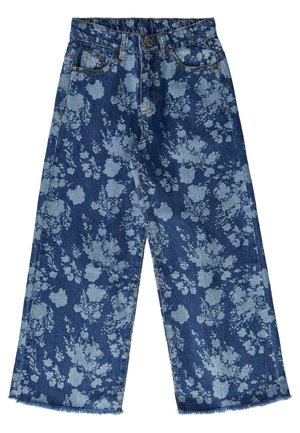 Blå jeans med vid ben i mørkeblå denim med lyseblå blomsterprint, flossede kanter og standard design med fem lommer.