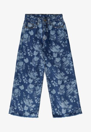 Jean large à imprimé floral en denim bleu foncé avec motifs bleu clair, ourlet effiloché et design standard à cinq poches.