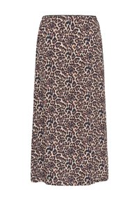 Jupe midi à imprimé léopard avec une ceinture élastique, présentant des taches noires et marron sur fond beige.