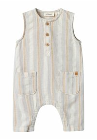 Randig ärmlös playsuit i ljusbeige, grått och creme. Har tre träknappar och två framfickor. Mjukt, strukturerat tyg.