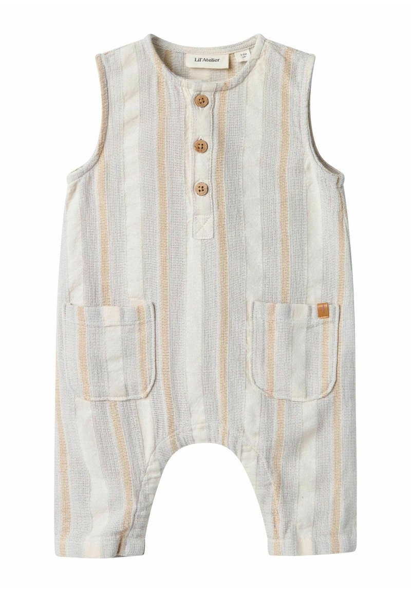 Randig ärmlös playsuit i ljusbeige, grått och creme. Har tre träknappar och två framfickor. Mjukt, strukturerat tyg.