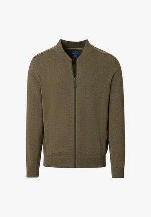 Brown zip-up sweater with a stand collar, ribbed cuffs, and waistband, crafted from a smooth, textured fabric. No notable patterns or accents.