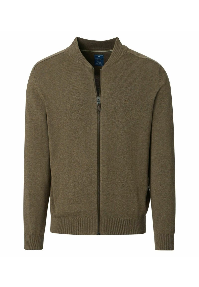 Brauner Reißverschluss-Pullover mit Stehkragen, gerippten Bündchen und Saum, gefertigt aus einem glatten, strukturierten Stoff. Keine auffälligen Muster oder Akzente.