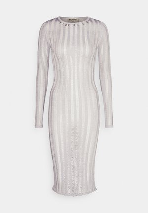 Midi šaty s dlhým rukávom, strieborné metalické pruhy, priliehavého strihu, s okrúhlym výstrihom a detailom loga Fiorucci na výstrihu.
