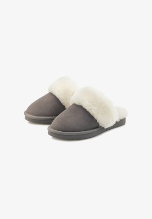 Gray suede slippers with a white faux fur cuff. Closed toe design with a flat sole and soft texture for comfort.