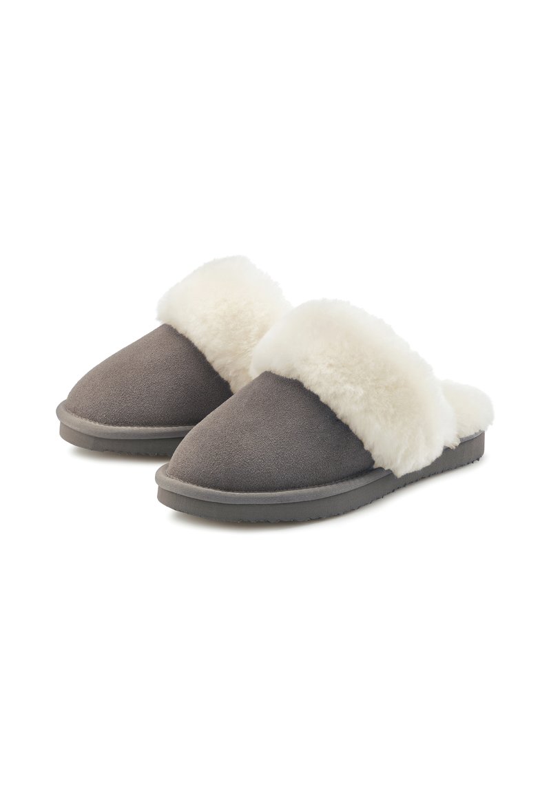 Gray suede slippers with a white faux fur cuff. Closed toe design with a flat sole and soft texture for comfort.