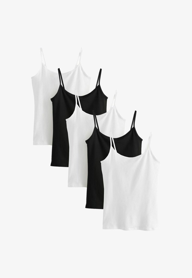 Viis reguleeritavate rihmadega satsisärki, millel on mustade ja valgete värvide segu, valmistatud pehmest ja kergest kangast.