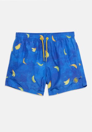 Short de bain bleu avec cordon jaune et imprimé banane, avec des poches latérales et un petit logo circulaire sur la jambe.