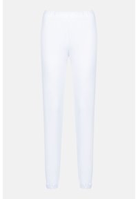 Pantalones jogger blancos hechos de tela suave, con una cintura elástica y puños elásticos en los tobillos para una forma ajustada. Sin patrones visibles.