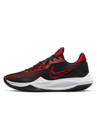 Czerwono-czarny but sportowy z siateczkowymi górnymi częściami, zaokrąglonym noskiem i białą wkładką. Posiada wyraźne logo Nike oraz teksturowaną podeszwę.