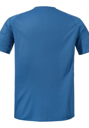 Short-sleeve blue athletic shirt with a textured, grid-like pattern; smooth fabric and a crew neck design. Back view displayed.