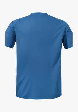 Short-sleeve blue athletic shirt with a textured, grid-like pattern; smooth fabric and a crew neck design. Back view displayed.