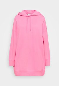 Sudadera rosa de gran tamaño con bolsillo canguro en la parte frontal, capucha con cordón y mangas largas con puños acanalados.