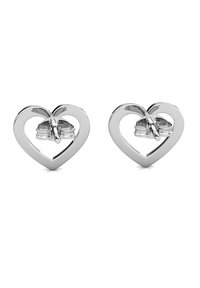 Orecchini a forma di cuore realizzati in metallo argentato lucido, caratterizzati da un design aperto con bordi lisci e una finitura lucida.