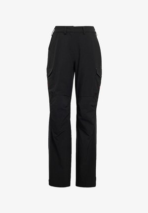 Zwarte cargobroek met rechte pijpen, meerdere zakken, verstelbare taillebanden en verstevigde kniepanelen, ontworpen voor gebruik buitenshuis of op het werk.