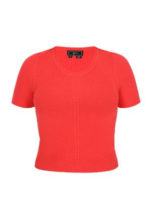 Raudonas trumpas rankovėmis rašto megztinis su apvaliu kaklu ir vertikaliu tekstūruotu raštu. Pagamintas iš ištempiamo trikotažo audinio.
