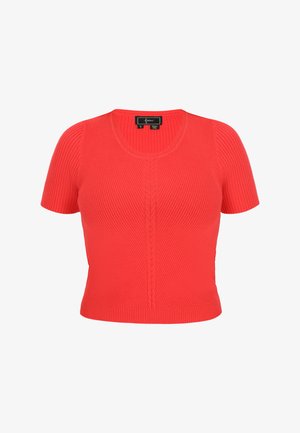 Red short-sleeve ribbed sweater featuring a scoop neckline and vertical textured pattern. Made of stretchable knit fabric.