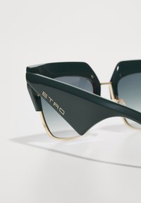 Gafas de sol de plástico verde con montura angular, lentes gris gradiente y detalles en dorado. Logo "ETRO" mostrado en el lateral.