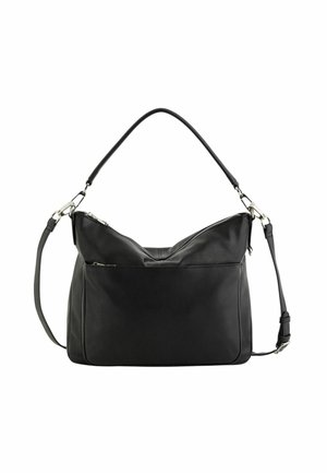 Černá kožená kabelka se zapínáním na zip, přední kapsou a nastavitelným ramenním popruhem, navržená pro každodenní použití.