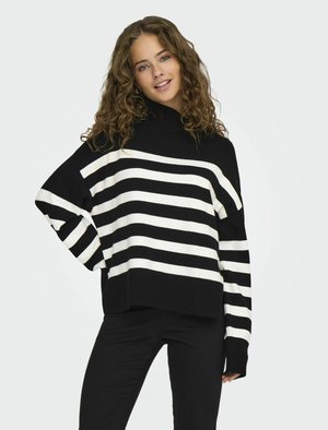 Schwarz-weißer gestreifter Pullover mit hohem Hals, lockerer Passform und gerippten Bündchen. Verfügt über breite horizontale Streifen und eine kastige Silhouette.