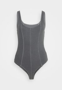 Šedý, žebrovaný body s kulatým výstřihem, tenkými ramínky a přiléhavým střihem. Disponuje bezešvým spodním dílem se zapínáním na patentky.