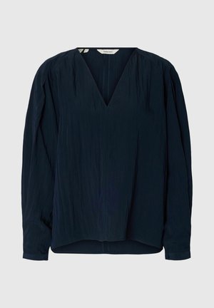 Marineblaue Bluse mit langen Ärmeln und V-Ausschnitt, leicht strukturierter Stoff, geraffte Schultern und lockere Passform.