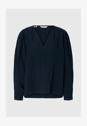 Marineblaue Bluse mit langen Ärmeln und V-Ausschnitt, leicht strukturierter Stoff, geraffte Schultern und lockere Passform.