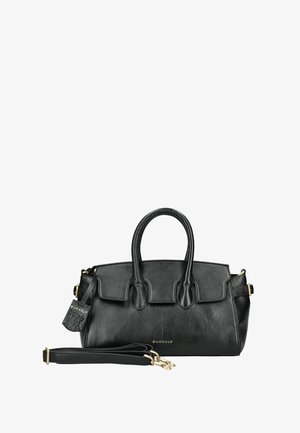 Zwarte leren Burkely handtas met dubbele handvatten, afneembare schouderriem en merklabel op een witte achtergrond.