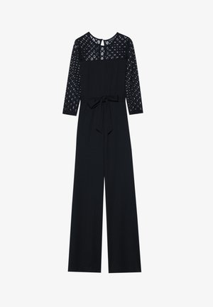 Mono negro con un cuerpo ajustado, mangas largas de encaje y corte de pierna ancha. Incluye un cinturón de lazo en la cintura para un look ajustado.