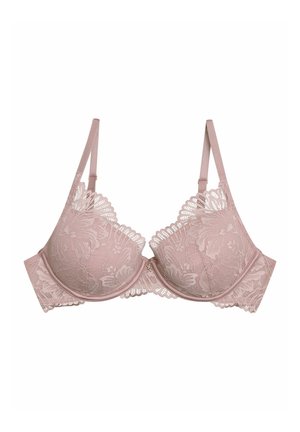 Mauve lace bra with underwire and decorative scalloped edges. Features adjustable straps and a small gold accent at the center.